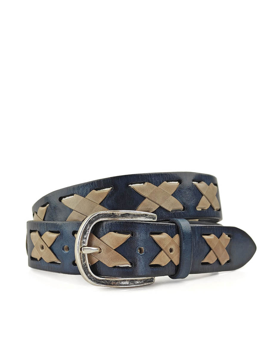 Cintura Dallas UNISEX in vera pelle tinta a mano con fettucce in cuoio intrecciate e fibbia effetto vintage colore Navy mousse dettaglio fibbia